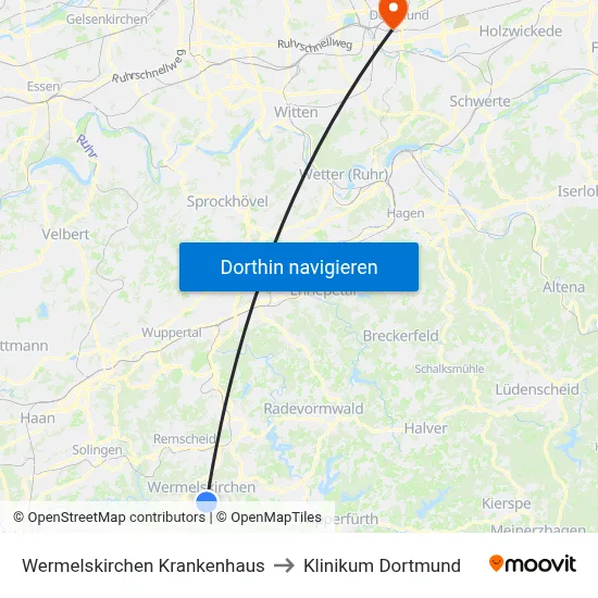 Wermelskirchen Krankenhaus to Klinikum Dortmund map
