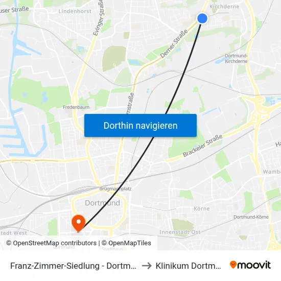Franz-Zimmer-Siedlung - Dortmund to Klinikum Dortmund map