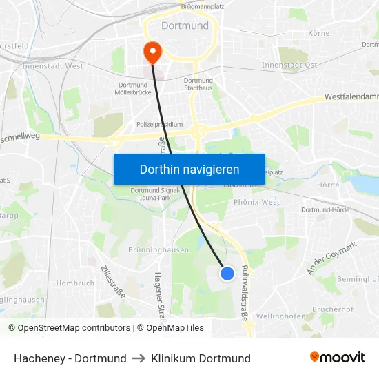 Hacheney - Dortmund to Klinikum Dortmund map