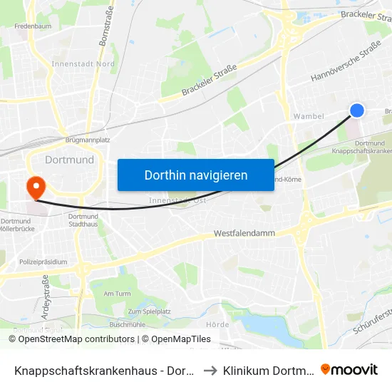 Knappschaftskrankenhaus - Dortmund to Klinikum Dortmund map