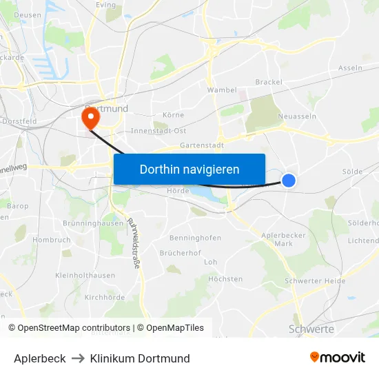Aplerbeck to Klinikum Dortmund map