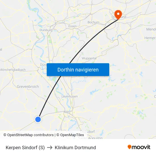 Kerpen Sindorf (S) to Klinikum Dortmund map