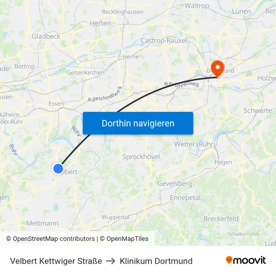 Velbert Kettwiger Straße to Klinikum Dortmund map