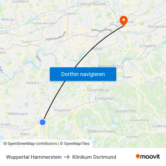 Wuppertal Hammerstein to Klinikum Dortmund map