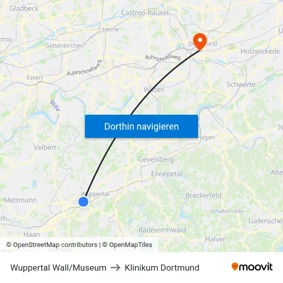 Wuppertal Wall/Museum to Klinikum Dortmund map