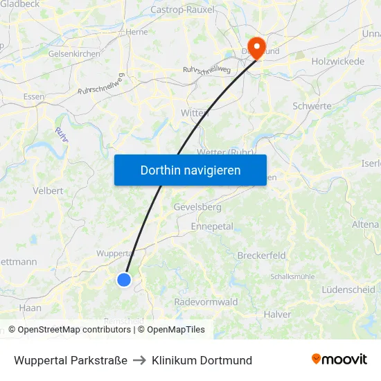 Wuppertal Parkstraße to Klinikum Dortmund map