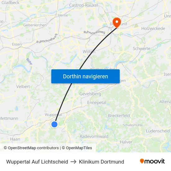 Wuppertal Auf Lichtscheid to Klinikum Dortmund map