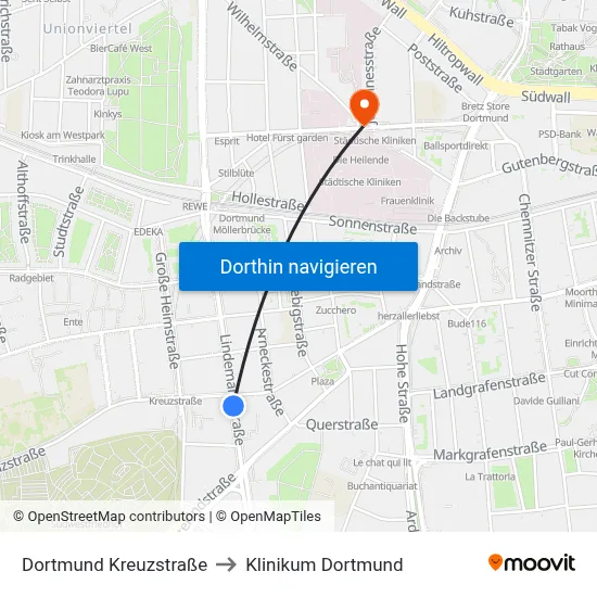 Dortmund Kreuzstraße to Klinikum Dortmund map
