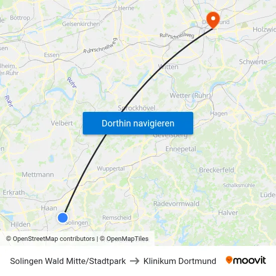 Solingen Wald Mitte/Stadtpark to Klinikum Dortmund map