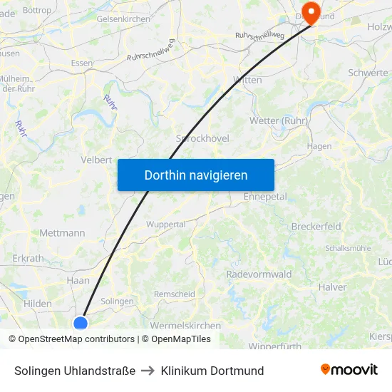 Solingen Uhlandstraße to Klinikum Dortmund map