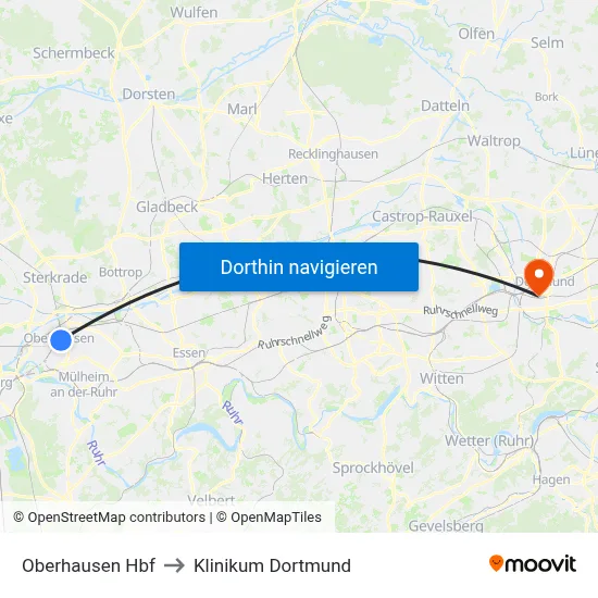 Oberhausen Hbf to Klinikum Dortmund map