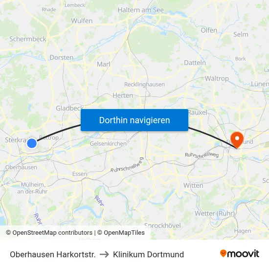 Oberhausen Harkortstr. to Klinikum Dortmund map