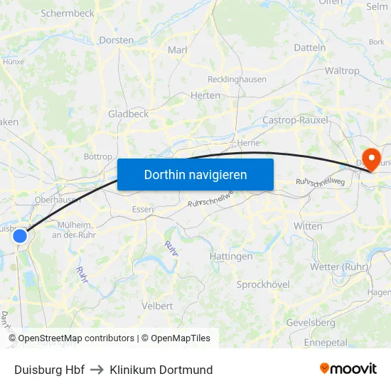 Duisburg Hbf to Klinikum Dortmund map