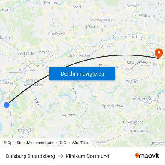 Duisburg Sittardsberg to Klinikum Dortmund map