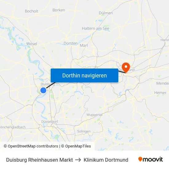 Duisburg Rheinhausen Markt to Klinikum Dortmund map