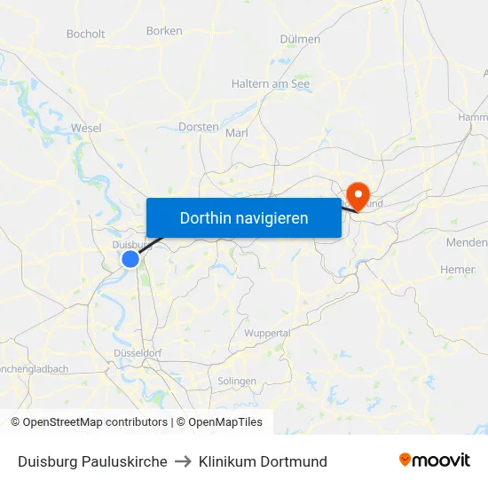 Duisburg Pauluskirche to Klinikum Dortmund map