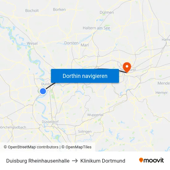Duisburg Rheinhausenhalle to Klinikum Dortmund map