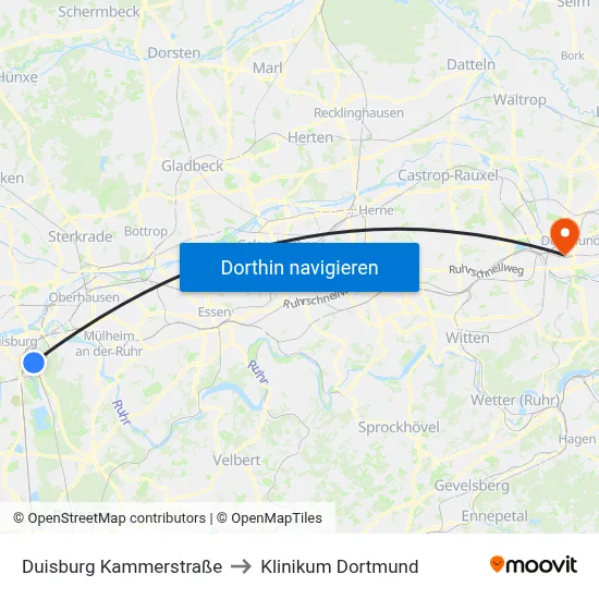 Duisburg Kammerstraße to Klinikum Dortmund map