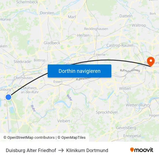 Duisburg Alter Friedhof to Klinikum Dortmund map