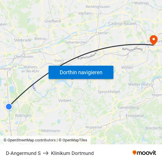 D-Angermund S to Klinikum Dortmund map