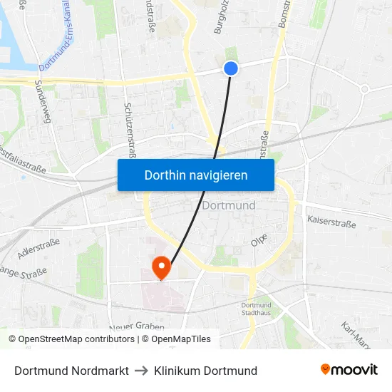 Dortmund Nordmarkt to Klinikum Dortmund map