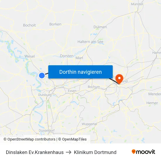 Dinslaken Ev.Krankenhaus to Klinikum Dortmund map