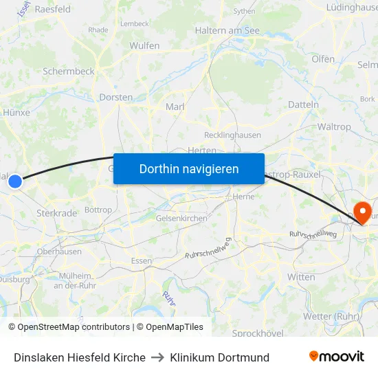 Dinslaken Hiesfeld Kirche to Klinikum Dortmund map