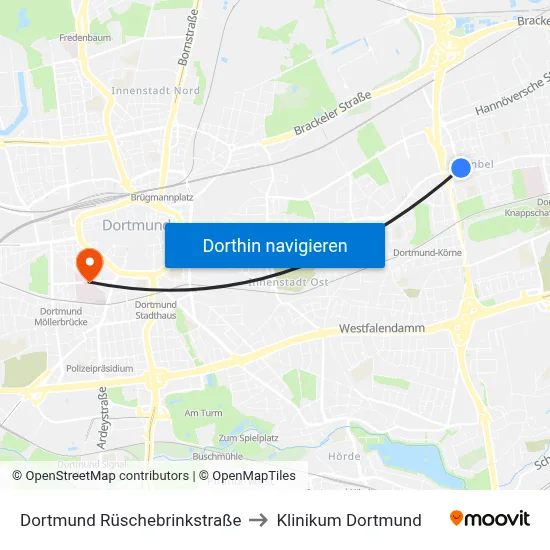 Dortmund Rüschebrinkstraße to Klinikum Dortmund map