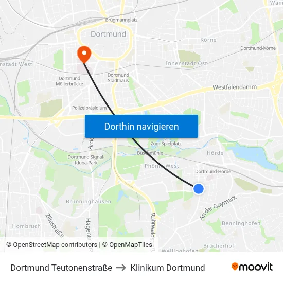 Dortmund Teutonenstraße to Klinikum Dortmund map