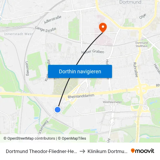 Dortmund Theodor-Fliedner-Heim to Klinikum Dortmund map
