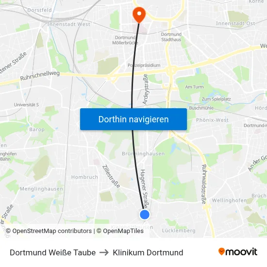Dortmund Weiße Taube to Klinikum Dortmund map
