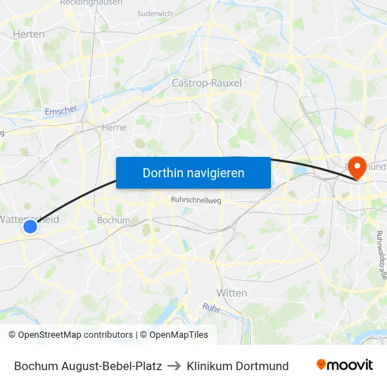 Bochum August-Bebel-Platz to Klinikum Dortmund map
