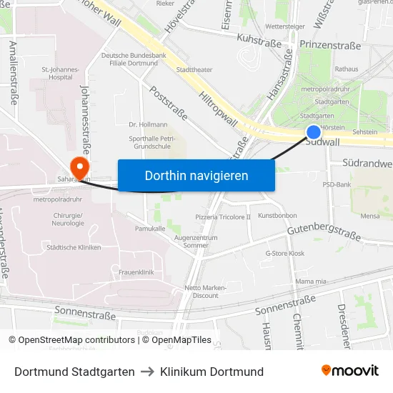 Dortmund Stadtgarten to Klinikum Dortmund map