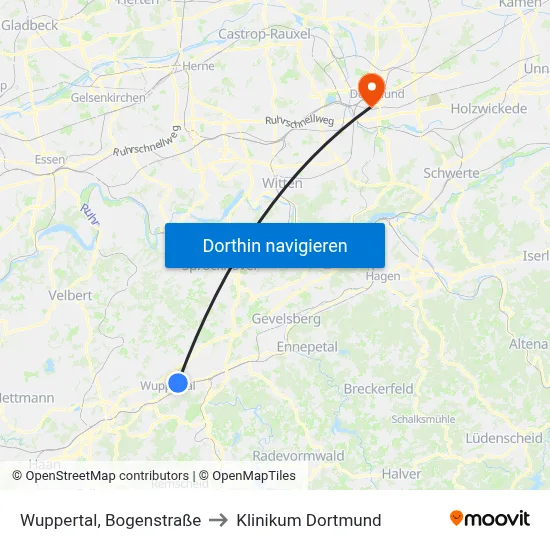 Wuppertal, Bogenstraße to Klinikum Dortmund map