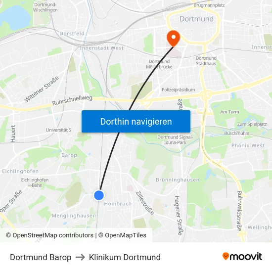 Dortmund Barop to Klinikum Dortmund map