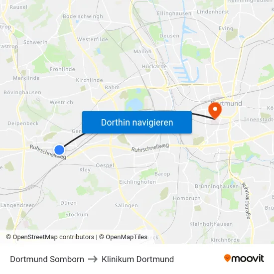 Dortmund Somborn to Klinikum Dortmund map