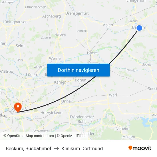 Beckum, Busbahnhof to Klinikum Dortmund map