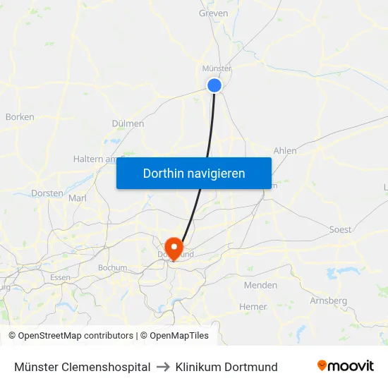 Münster Clemenshospital to Klinikum Dortmund map