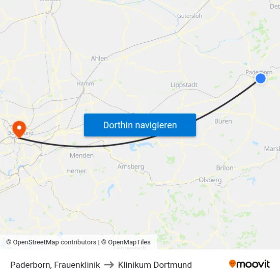 Paderborn, Frauenklinik to Klinikum Dortmund map