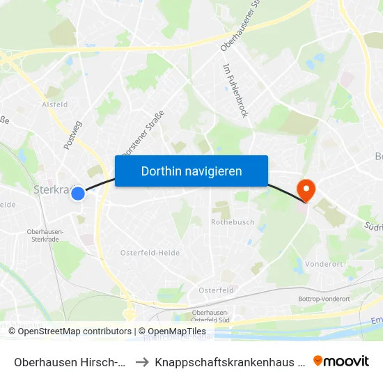 Oberhausen Hirsch-Center to Knappschaftskrankenhaus Bottrop map