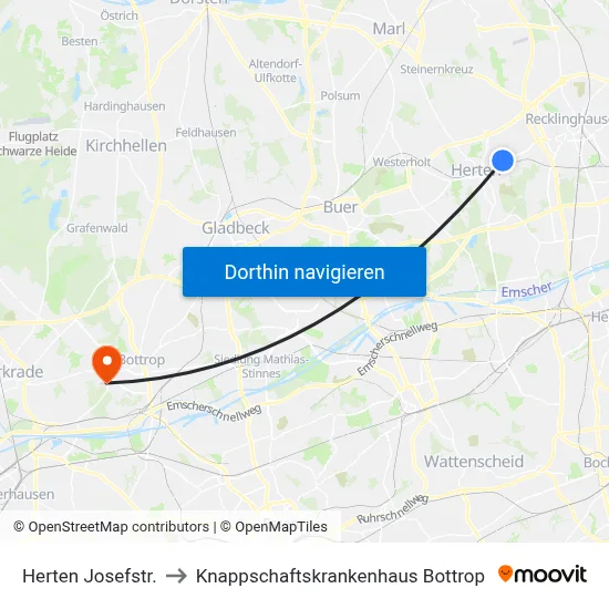 Herten Josefstr. to Knappschaftskrankenhaus Bottrop map