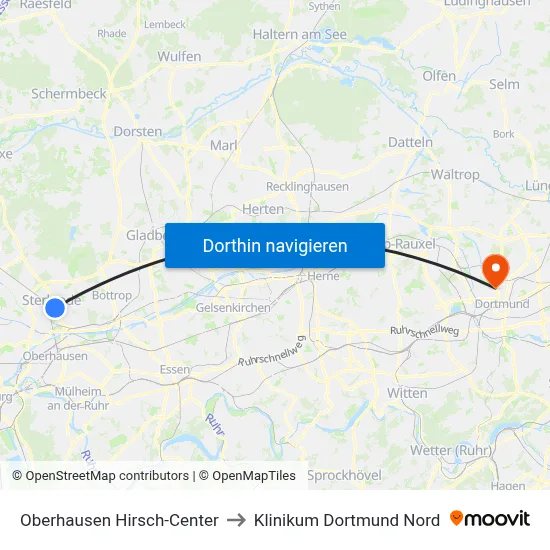 Oberhausen Hirsch-Center to Klinikum Dortmund Nord map