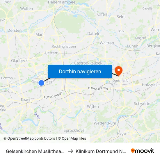 Gelsenkirchen Musiktheater to Klinikum Dortmund Nord map