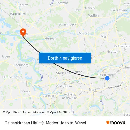 Gelsenkirchen Hbf to Marien-Hospital Wesel map