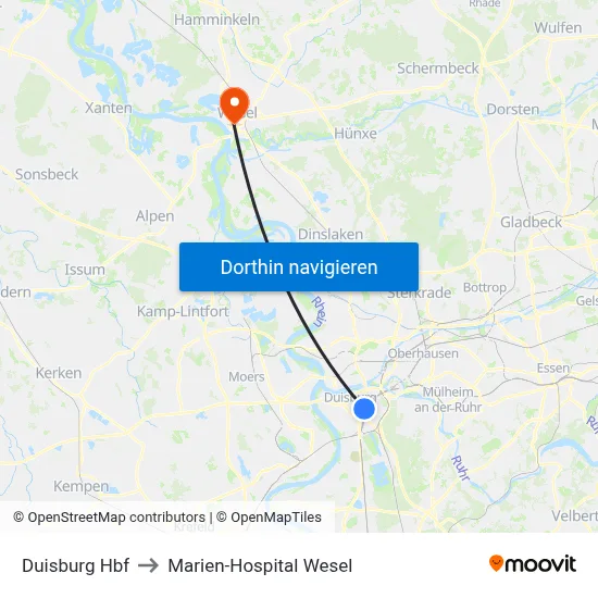 Duisburg Hbf to Marien-Hospital Wesel map