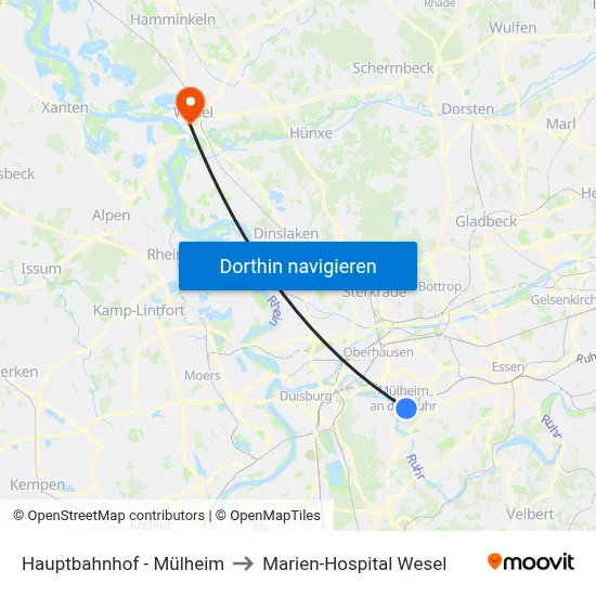 Hauptbahnhof - Mülheim to Marien-Hospital Wesel map