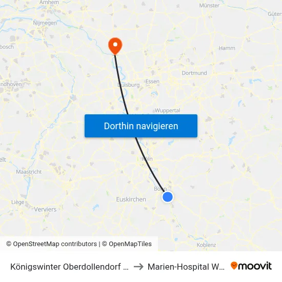 Königswinter Oberdollendorf Nord to Marien-Hospital Wesel map
