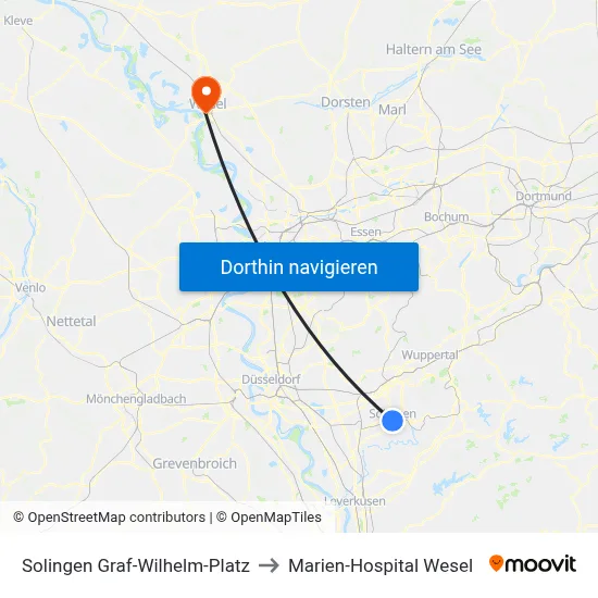 Solingen Graf-Wilhelm-Platz to Marien-Hospital Wesel map