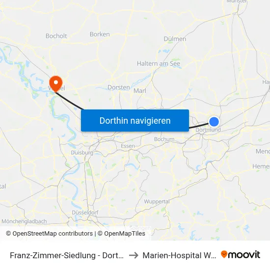 Franz-Zimmer-Siedlung - Dortmund to Marien-Hospital Wesel map