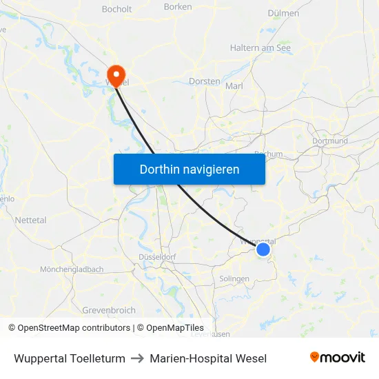 Wuppertal Toelleturm to Marien-Hospital Wesel map